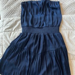 Navy Blue Satin Smocked Strapless Skater Dress